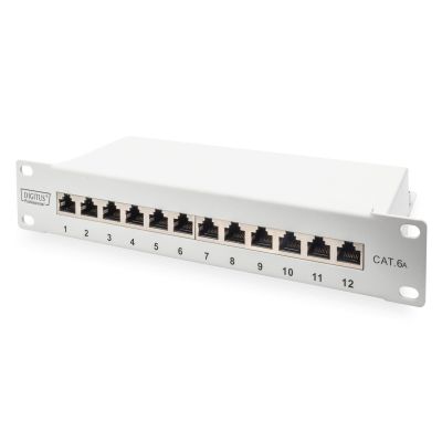 Digitus Panel krosowy (patch panel) 10'' 12x RJ45, LSA poziom, kat.6A, ekranowany, 1U, szary, prowadnica kabli