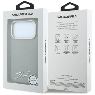 8. Etui Karl Lagerfeld Saffiano Small Script Metal Logo MagSafe na iPhone 18 Pro / 17 Pro - beżowe
