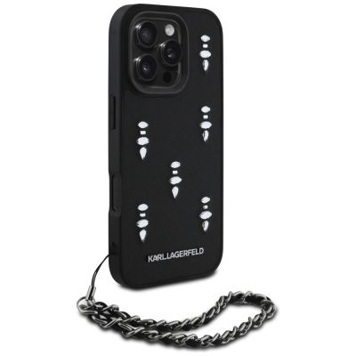 3. Etui Karl Lagerfeld Saffiano Crystals  w/Chain na iPhone 16 Pro - czarne