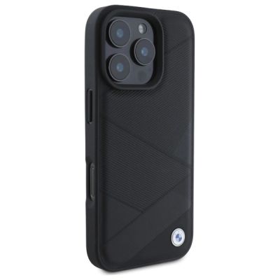 4. Etui BMW Sign Leather Crossing Lines Pattern na iPhone 16 Pro Max - czarne