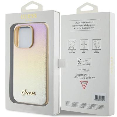 8. Etui Guess Saffiano Iridescent Script na iPhone 14 Pro - złote