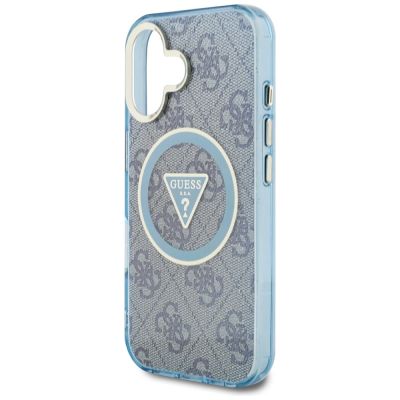 6. Etui Guess IML Metal Glitter 4G Circle Triangle MagSafe na iPhone 16 - niebieskie