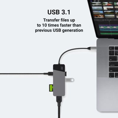 12. GREEN CELL HUB USB-C ADAPTER GC CONNECT 7W1 (3XUSB 3.1, HDMI 4K 60HZ, USB-C PD 85W, MICROSD/SD)