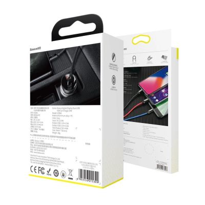18. Baseus ładowarka samochodowa 2x USB 4,8A 24W z LCD + kabel 3w1 USB - USB Typ C / micro USB / Lightning 1,2m czarny (TZCCBX-0G)