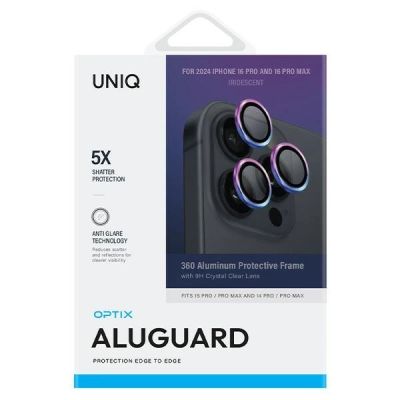 2. Szkło hartowane UNIQ Optix Aluminium Camera Lens Protector na aparat telefonu z aplikatorem do iPhone 16 Pro / 16 Pro Max - opalizujące