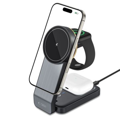 9. Ładowarka Tech-Protect QI15W-A28 indukcyjna MagSafe 3w1 ze stojakiem na smartfon / Apple Watch / AirPods - czarna