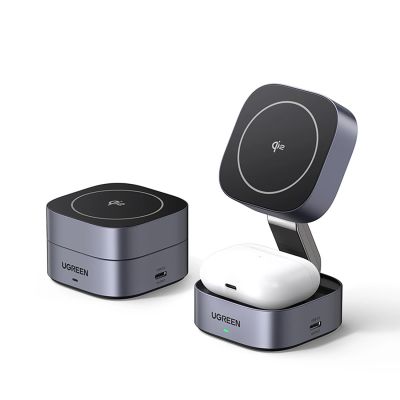 2. Ładowarka Ugreen W702 indukcyjna 3w1 z MagSafe / Qi2 i portem USB-C na telefon / słuchawki - czarna