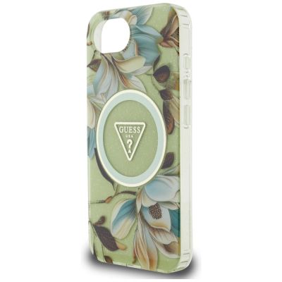 6. Etui Guess IML Metal Glitter Flowers Triangle MagSafe na iPhone 16e - zielone