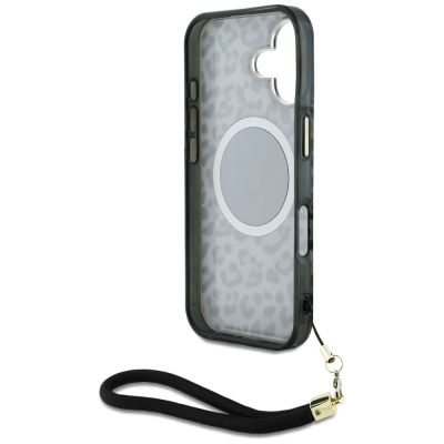 6. Etui Guess HC IML Leopard Triangle Cord Strap MagSafe do iPhone 16 - czarne