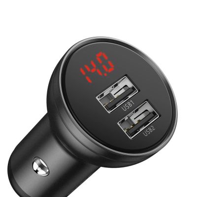 5. Baseus ładowarka samochodowa 2x USB 4,8A 24W z LCD + kabel 3w1 USB - USB Typ C / micro USB / Lightning 1,2m czarny (TZCCBX-0G)