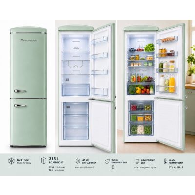 4. Lodówka Retro Ravanson LKK-315RM 597mm x 707mm x 1943 mm | 315l | Total No Frost | klasa E | miętowy