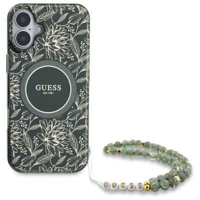 2. Etui Guess IML Flowers Allover Electro With Pearl Strap MagSafe na iPhone 16 Plus - zielone