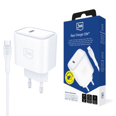 Ładowarka sieciowa 3mk Rayo Charger 20W PD3.0 PPS USB-C + kabel USB-C / USB-C 3A 60W - biała