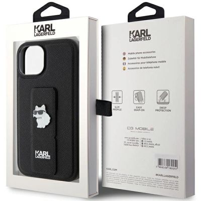 8. Etui Karl Lagerfeld Gripstand Saffiano Choupette Pins na iPhone 15 - czarne