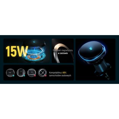 14. Uchwyt samochodowy Wozinsky WCT5-Q6S2Y z ładowarką indukcyjną Qi/MagSafe 15W na kratkę wentylacji z wentylatorem - czarny