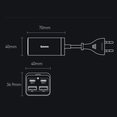 21. Baseus GaN3 Pro szybka ładowarka sieciowa GaN 2 x USB Typ C / 2 x USB 65W PD, QC4.0+, AFC, PPS + kabel USB Typ C - USB Typ C 1m czarny (CCGP040101)