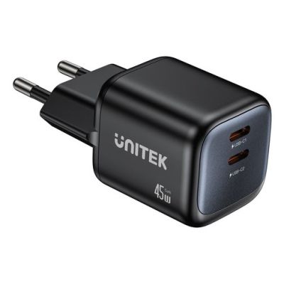 33. UNITEK ŁADOW. SIECIOWA 2X GAN 45W, 2XUSB-C PD 3.0, QC, CZARNA