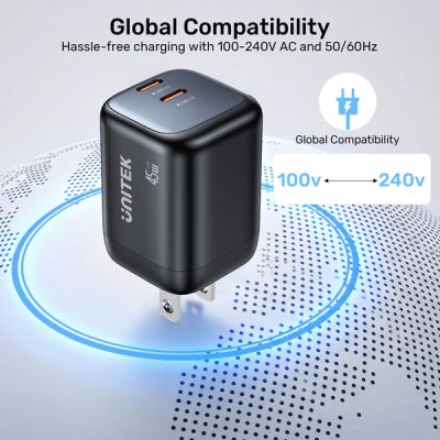 22. UNITEK ŁADOW. SIECIOWA 2X GAN 45W, 2XUSB-C PD 3.0, QC, CZARNA
