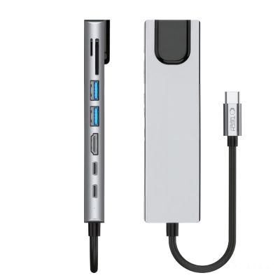 6. Hub USB Tech-Protect HB09 8w1 TYPE-C + USB-A 3.0 + USB-C 3.0 + HDMI 4K 60HZ + SD/TF + PD100W + RJ45 1000 MB/S - szary