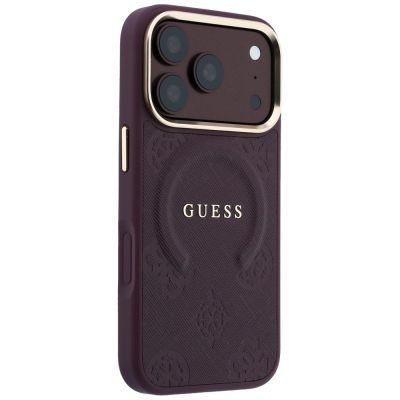 4. Etui Guess Saffiano Peony & Ring MagSafe na iPhone 17 Pro / 18 Pro - burgundowe