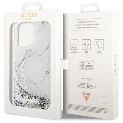 8. Etui Guess Liquid Glitter Marble na iPhone 14 Pro Max - białe