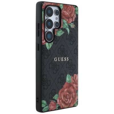 4. Etui Guess Leather 4G Flowers Print Metal Classic Logo MagSafe na Samsung Galaxy S25 Ultra - czarne