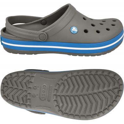 Klapki Crocs Crocband M 11016 w kolorze szarym z elementami w odcieniu białym i niebieskim, materiał Croslite, otwory na ozdoby Jibbitz