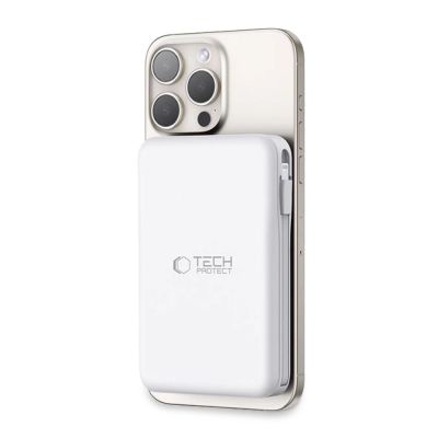 10. Powerbank Tech-Protect LifeMag PB31 z MagSafe 10000mAh 15W USB-C / USB-A / wbudowane kable USB-C / Lightning - biały