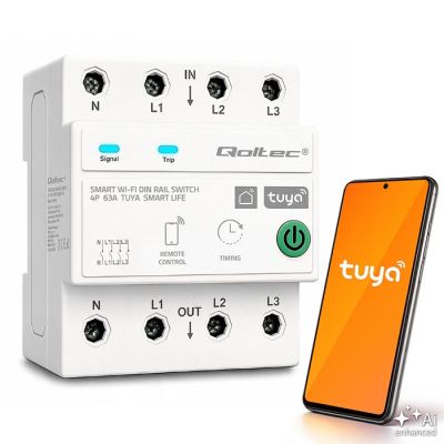 Qoltec Trójfazowy przekaźnik 63A na szynę DIN | 3P+N | Timer | Wi-Fi | Tuya | Smart Life | Amazon Alexa | 4P