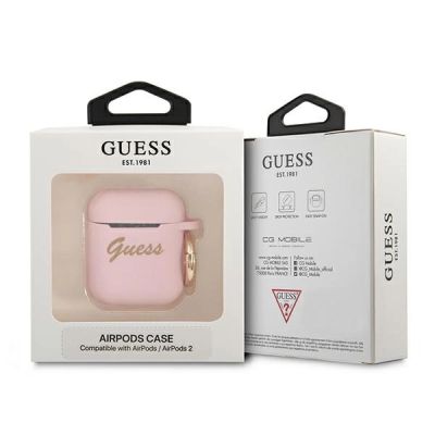 3. Etui Guess Silicone Vintage Script na AirPods 1/2 - różowe