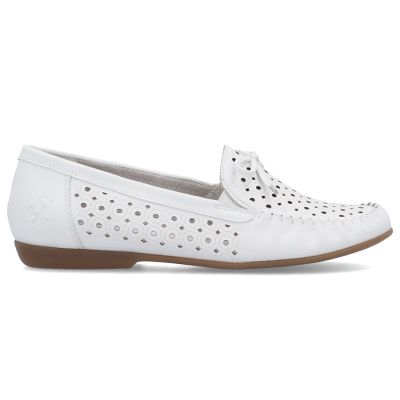 2. Skórzane mokasyny damskie ażurowe lekkie komfortowe białe Rieker L6352-80