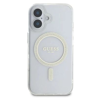3. Etui Guess IML Glitter Circle MagSafe na iPhone 16 - przezroczyste