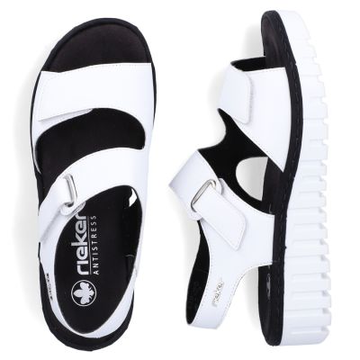 4. Skórzane sandały damskie na koturnie białe Rieker V1382-80