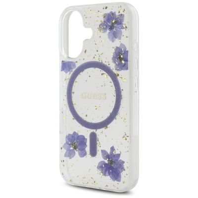6. Etui Guess Resin Flowers Glitter MagSafe na iPhone 16 - fioletowe