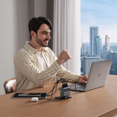 16. Ładowarka sieciowa Cuktech AD1404UEU 140 W GaN 3x USB-C + USB-A z kablem USB-C - szara