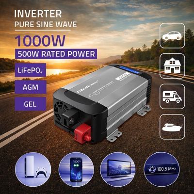 3. Qoltec Przetwornica napięcia Pure Sine Wave | 12V na 230V | 500/1000W | LCD | USB | USB-C | Kompatibilność z LiFePo4 GEL AGM