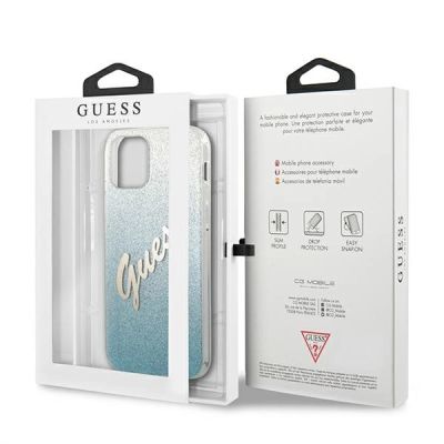8. Etui Guess Glitter Gradient Script na iPhone 12 / iPhone 12 Pro - niebieskie