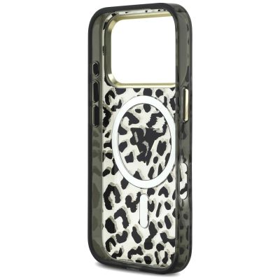 7. Etui Guess IML Leopard Glitter Triangle Logo MagSafe na iPhone 17 Pro / 18 Pro - czarne