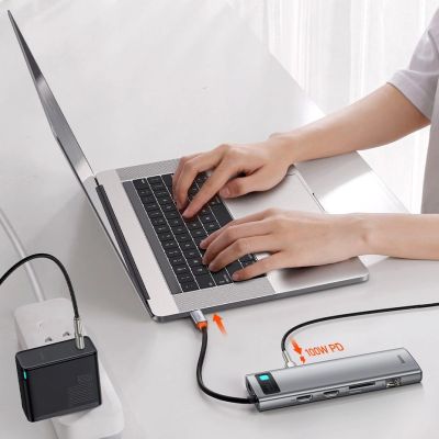 13. Baseus Metal Gleam 11w1 wielofunkcyjny HUB USB Typ C - 3x USB 3.2 Gen 1 5Gbps / USB Typ C PD 100W / 3,5 mm mini jack AUX / VGA Full HD 60Hz / 2x HDMI 4K 30Hz / czytnik kart TF i SD / RJ45 1Gbps szary (CAHUB-CT0G)