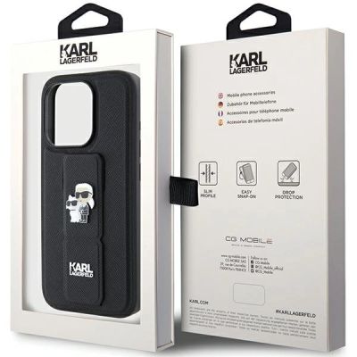 9. Etui Karl Lagerfeld Gripstand Saffiano Karl&Choupette Pins na iPhone 15 Pro - czarne