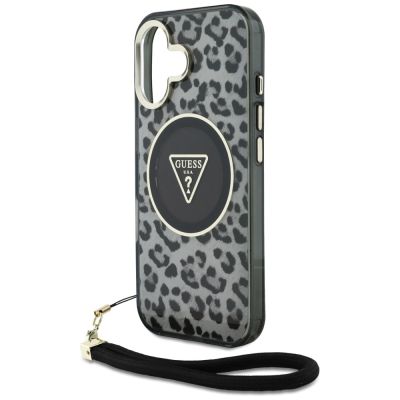 5. Etui Guess HC IML Leopard Triangle Cord Strap MagSafe do iPhone 16 - czarne