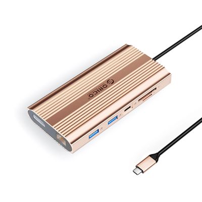 Stacja dokująca USB-C Orico XDR 12w1 USB-A USB-C 2x HDMI 4K 60Hz DisplayPort 4K 60Hz RJ45 Gigabit PD 100W czytnik kart SD i microSD - różowo-złota