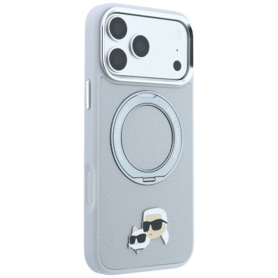 4. Etui Karl Lagerfeld with Ring Stand 360 Karl & Choupette Heads Pin MagSafe na iPhone 18 Pro / 17 Pro - szare