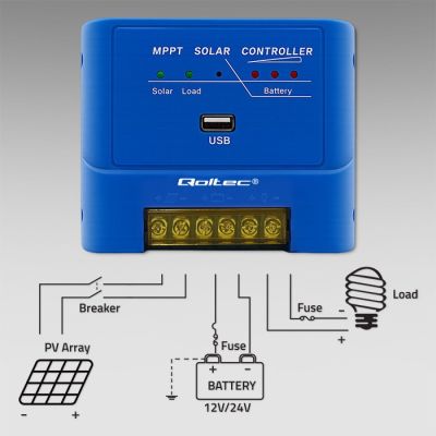 3. QOLTEC REGULATOR ŁADOWANIA MPPT 15A DO ZASILANIA ODBIORNIKÓW DC I ŁADOWANIA AKUMULATORÓW 12V/24V | LIFEPO4
