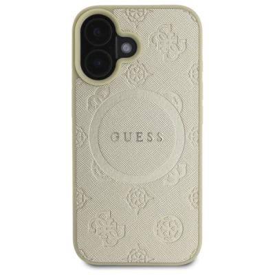 3. Etui Guess Saffiano Peony Classic Logo MagSafe na iPhone 16 - złote