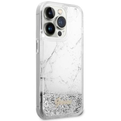 4. Etui Guess Liquid Glitter Marble na iPhone 14 Pro - białe