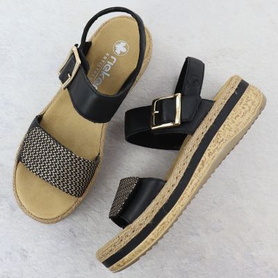 3. Skórzane sandały damskie na koturnie rzepy czarne Rieker V0951