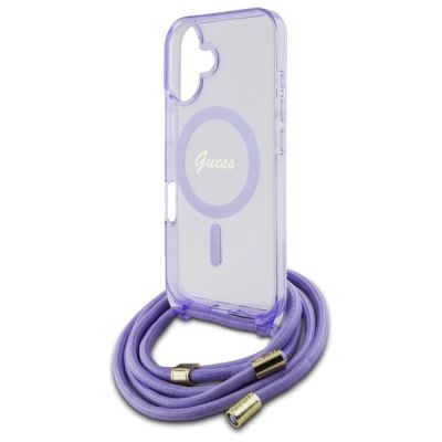 5. Etui Guess Crossbody Cord Script MagSafe na iPhone 16 - fioletowe
