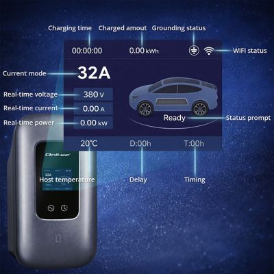 8. Qoltec Stacja ładowania EV Typ2 do samochodu elektrycznego i hybryd |  3 fazy | 22kW | 32A | Wi-fi | LCD | RFID | Smart life | TUYA | Wallbox | 5m