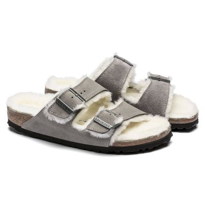 4. Klapki damskie/męskie ocieplane Birkenstock Arizona Shearling Stone Coin zamsz z wełną owczą regular szerokie (1017402)